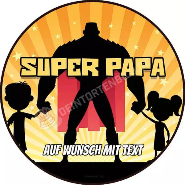 Motiv: Vatertag - Super Vater - Hochwertige und individuelle Tortenaufleger für jeden Anlass
Tortenaufleger Vatertag - Super Vater in 20cm Kreis
Unsere Tortenaufleger sind ein ideales Geschenk für - Tortenbild - DeintortenbildVatertag - Super Vater