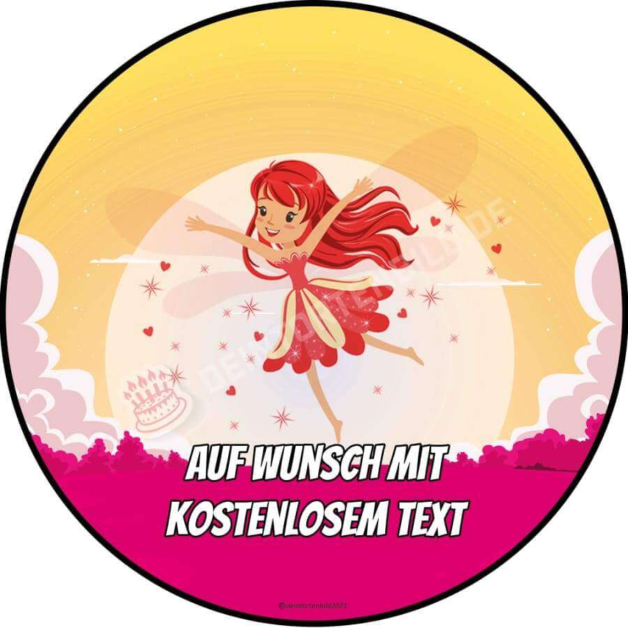 Motiv: Cartoon Fee RotHochwertige und individuelle Tortenaufleger für jeden Anlass
Tortenaufleger Cartoon Fee Rot in 20cm Kreis
Unsere Tortenaufleger sind ein ideales Geschenk für besondTortenbildDeintortenbildCartoon Fee Rot