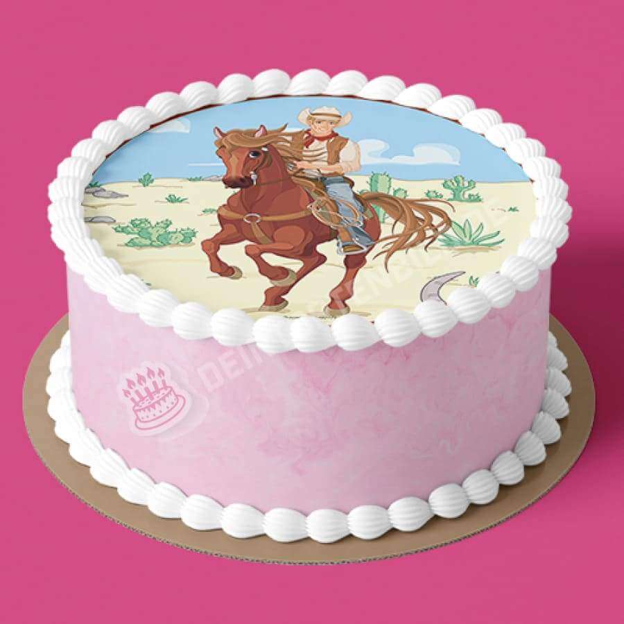 Motiv: Cowboy reitend - Hochwertige und individuelle Tortenaufleger für jeden Anlass
Tortenaufleger Cowboy reitend in 20cm Kreis
Unsere Tortenaufleger sind ein ideales Geschenk für besonde - Tortenbild - DeintortenbildCowboy reitend