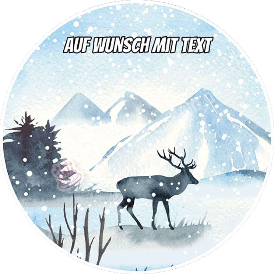 Motiv: Hirsch im Schnee - Hochwertige und individuelle Tortenaufleger für jeden Anlass
Tortenaufleger Hirsch im Schnee in 20cm Kreis
Unsere Tortenaufleger sind ein ideales Geschenk für besond - Tortenbild - DeintortenbildHirsch im Schnee