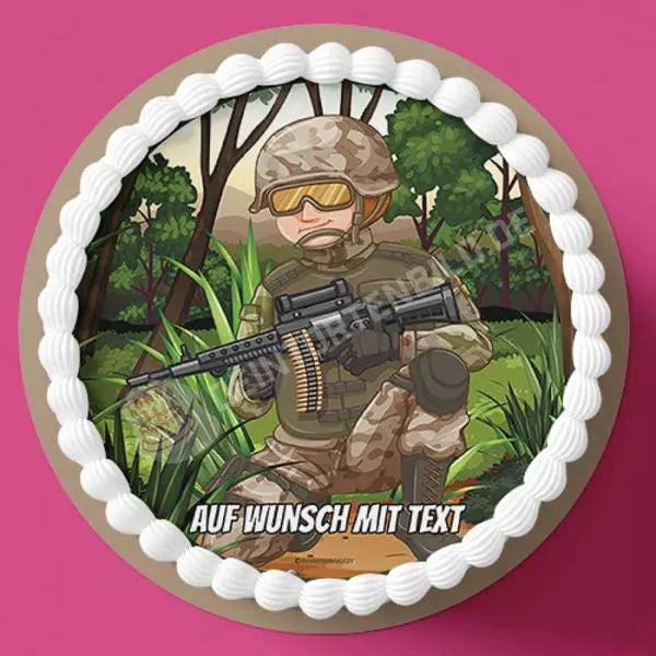 Motiv: Soldat mit Waffe - Hochwertige und individuelle Tortenaufleger für jeden Anlass
Tortenaufleger Soldat mit Waffe 20cm Kreis
Unsere Tortenaufleger sind ein ideales Geschenk für besonder - Tortenbild - DeintortenbildSoldat mit Waffe
