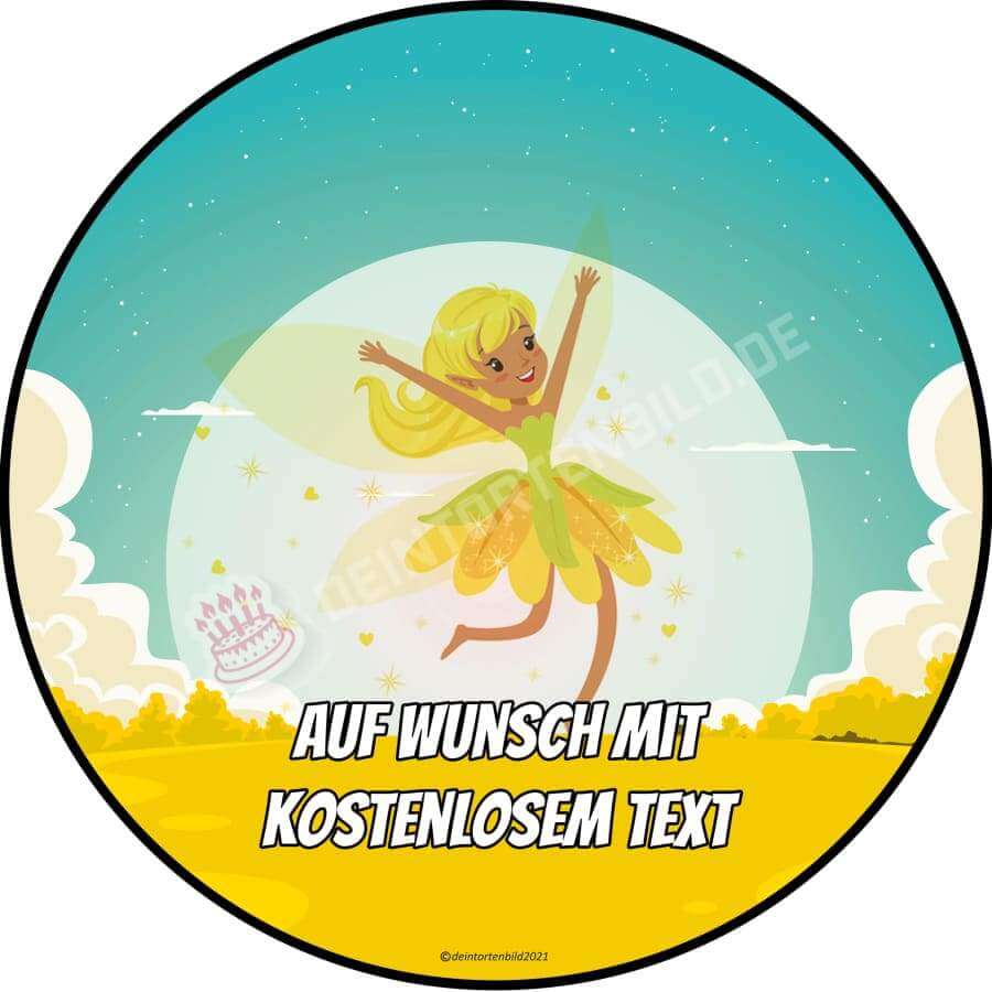 Motiv: Cartoon Fee GelbHochwertige und individuelle Tortenaufleger für jeden Anlass
Tortenaufleger Cartoon Fee Gelb in 20cm Kreis
Unsere Tortenaufleger sind ein ideales Geschenk für besonTortenbildDeintortenbildCartoon Fee Gelb