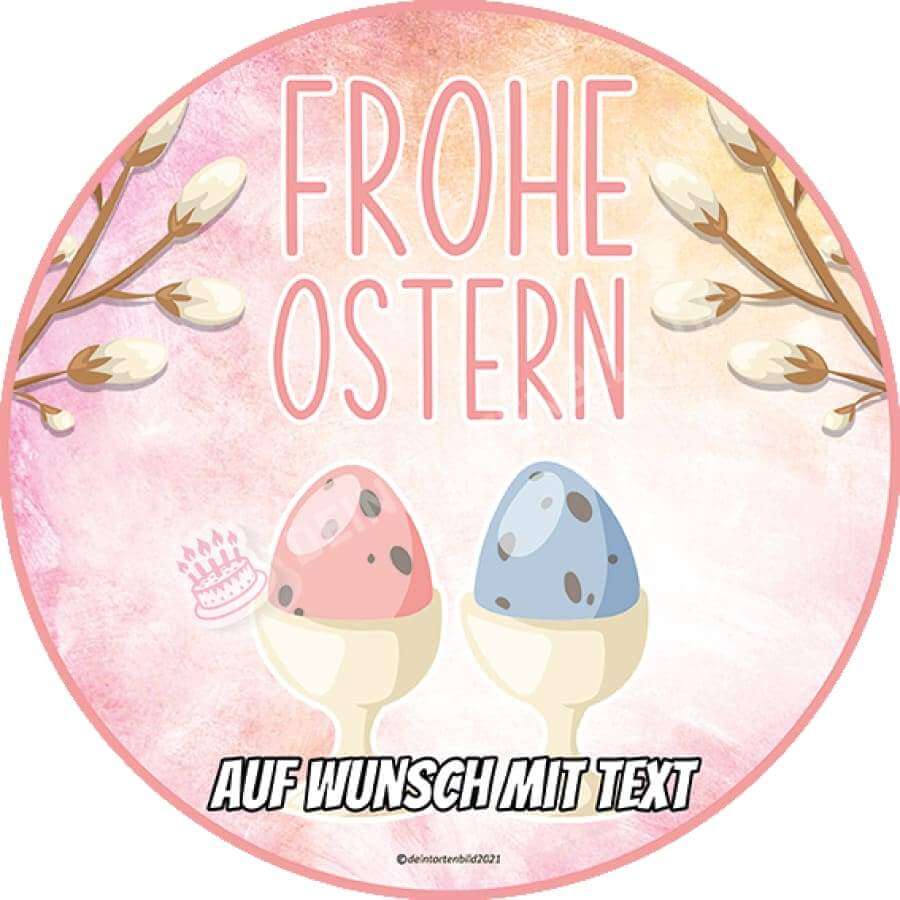 Motiv: Frohe Ostern - Zwei Ostereier - Hochwertige und individuelle Tortenaufleger für jeden Anlass
Tortenaufleger Frohe Ostern - Zwei Ostereier 20cm Kreis
Unsere Tortenaufleger sind ein ideales Geschenk - Tortenbild - DeintortenbildFrohe Ostern - Zwei Ostereier