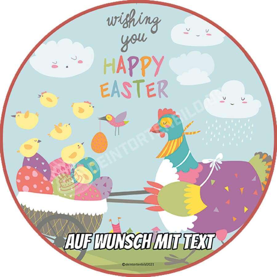 Motiv: Happy Easter - Huhn liefern Ostereier - Hochwertige und individuelle Tortenaufleger für jeden Anlass
Tortenaufleger Happy Easter - Huhn liefert Ostereier 20cm Kreis
Unsere Tortenaufleger sind ein ideales - Tortenbild - DeintortenbildHappy Easter - Huhn liefern Ostereier