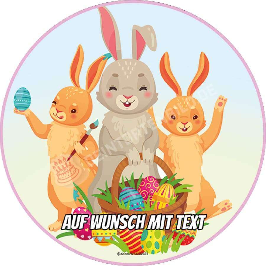 Motiv: Ostern - Drei Osterhasen - Hochwertige und individuelle Tortenaufleger für jeden Anlass
Tortenaufleger Ostern - Drei Osterhasen 20cm Kreis
Unsere Tortenaufleger sind ein ideales Geschenk für - Tortenbild - DeintortenbildOstern - Drei Osterhasen