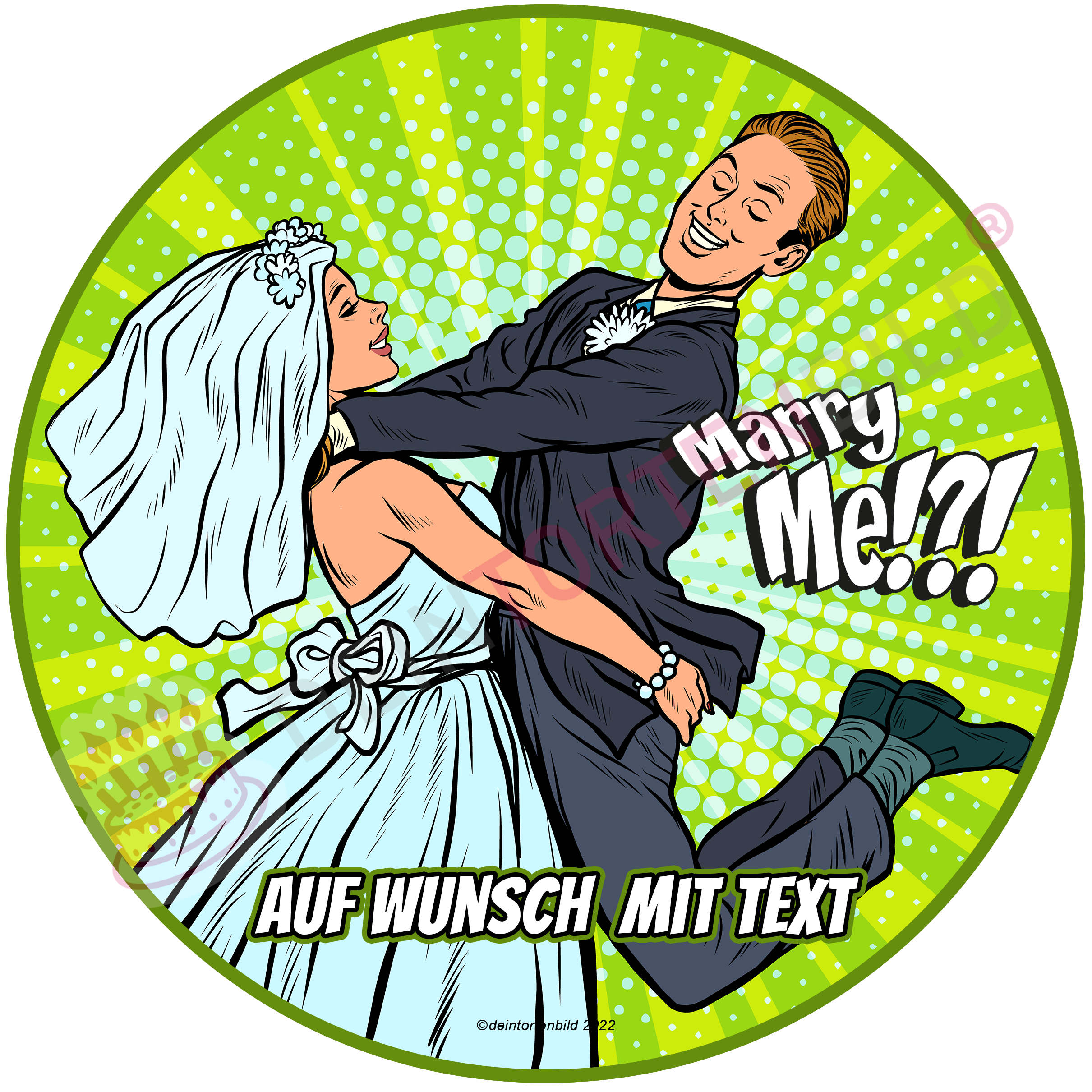Hochzeit Pop Art Ehepaar Marry Me/Just Married - Hochwertige und individuelle Tortenaufleger für jeden Anlass
Tortenaufleger Hochzeit - Pop Art Ehepaar Marry Me/Just Married 20cm Kreis
Diese Tortenaufleger im Comi - Tortenbild - DeintortenbildHochzeit Pop Art Ehepaar Marry