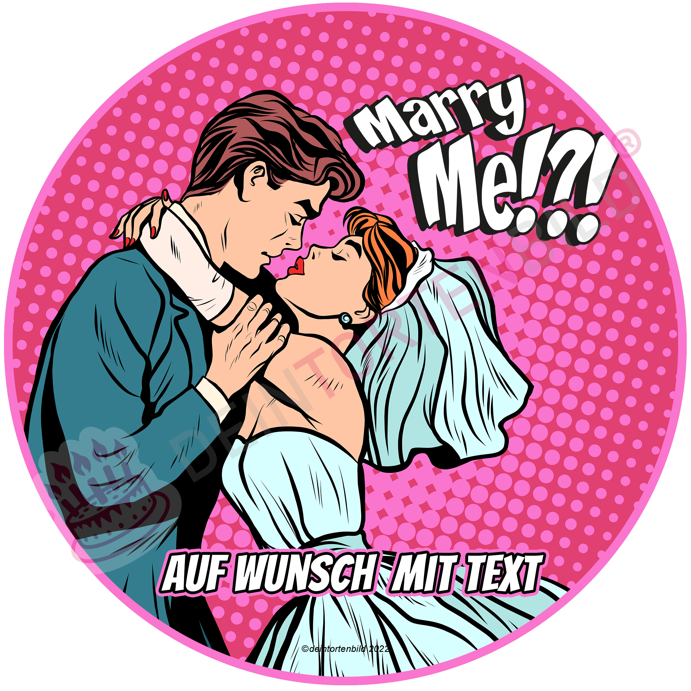 Hochzeit Pop Art Ehepaar Marry Me/Just Married - Hochwertige und individuelle Tortenaufleger für jeden Anlass
Tortenaufleger Hochzeit - Pop Art Ehepaar Marry Me/Just Married 20cm Kreis
Diese Tortenaufleger im Comi - Tortenbild - DeintortenbildHochzeit Pop Art Ehepaar Marry