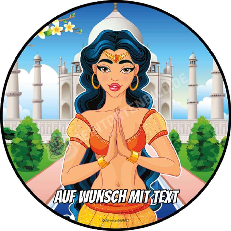 Motiv: Indische Prinzessin - Hochwertige und individuelle Tortenaufleger für jeden Anlass
Tortenaufleger Indische Prinzessin in 20cm Kreis
Eine indische Prinzessin vor dem Tempel Taj Mahal oder - Tortenbild - DeintortenbildIndische Prinzessin