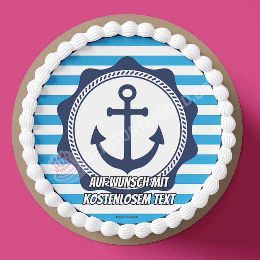Motiv: Anker - Streifenmuster - Hochwertige und individuelle Tortenaufleger für jeden Anlass
Tortenaufleger Anker - Streifenmuster 20cm Kreis
Dieser Tortenaufleger mit einem Anker auf einem blauen - Tortenbild - DeintortenbildAnker - Streifenmuster