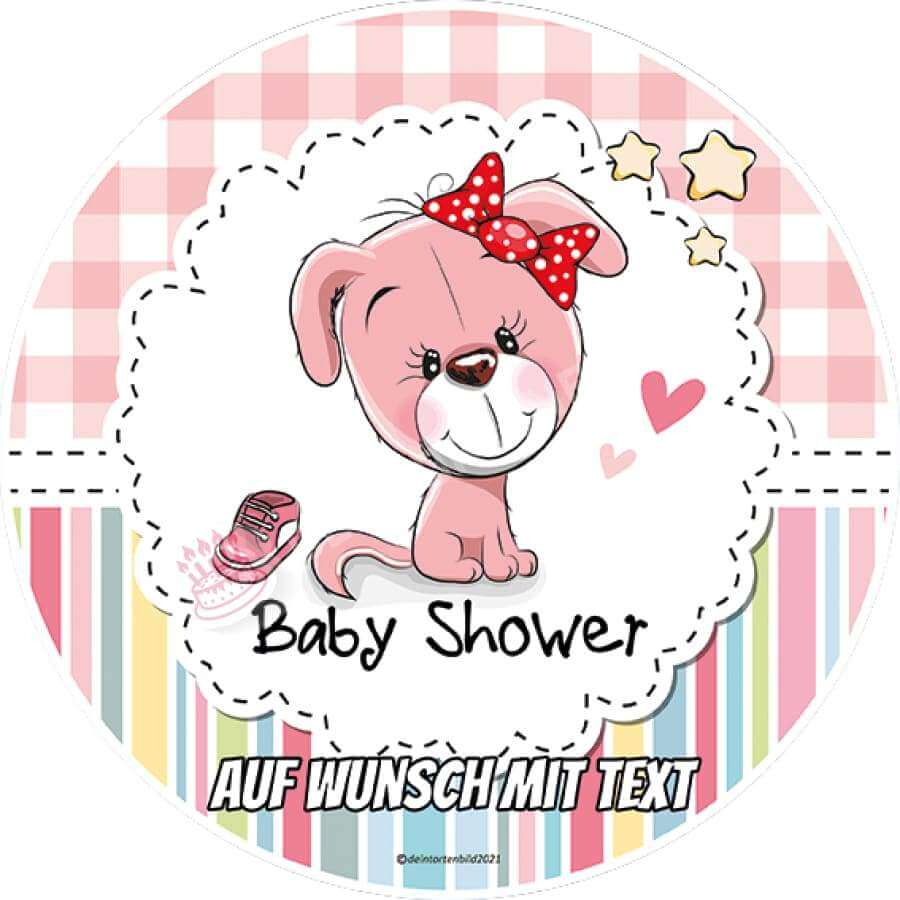 Motiv: Babyshower Hund rosa - Hochwertige und individuelle Tortenaufleger für jeden Anlass
Tortenaufleger Babyshower Hund rosa 20cm Kreis
Dieser Tortenaufleger mit einem rosanen Hund, der eine r - Tortenbild - DeintortenbildBabyshower Hund rosa