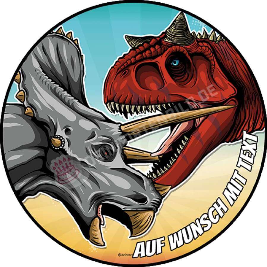Motiv: Dino Kampf - Hochwertige und individuelle Tortenaufleger für jeden Anlass
Tortenaufleger Dino Kampf in 20cm Kreis
Dieser Tortenaufleger mit einem kämpfenden Carnotauren und Tric - Tortenbild - DeintortenbildDino Kampf
