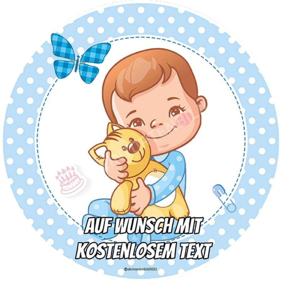 Motiv: Babyparty - Junge mit Stofftier - Hochwertige und individuelle Tortenaufleger für jeden Anlass
Tortenaufleger Babyparty - Junge mit Stofftier in 20cm Kreis
Dieser Tortenaufleger mit einem hellblauen - Tortenbild - DeintortenbildBabyparty - Junge mit Stofftier