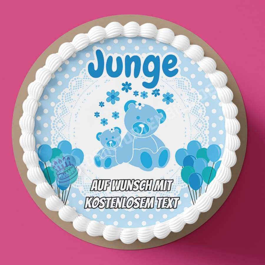 Motiv: Babyparty - Junge - Hochwertige und individuelle Tortenaufleger für jeden Anlass
Tortenaufleger Babyparty - Junge in 20cm Kreis
Dieser Tortenaufleger mit einem hellblauen Rahmen, zwei - Tortenbild - DeintortenbildBabyparty - Junge