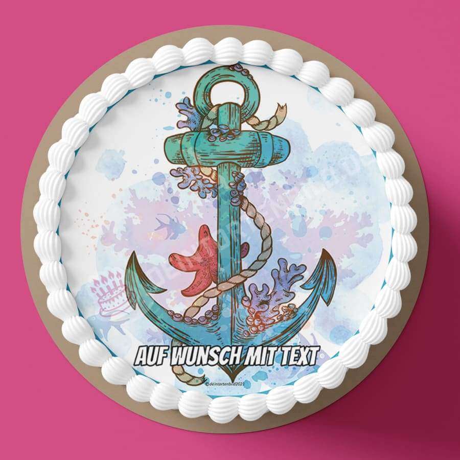 Motiv: Bunter Anker - Hochwertige und individuelle Tortenaufleger für jeden Anlass
Tortenaufleger Bunter Anker in 20cm Kreis
Dieser Tortenaufleger mit einem bunten Anker, ein Seil und ei - Tortenbild - DeintortenbildBunter Anker
