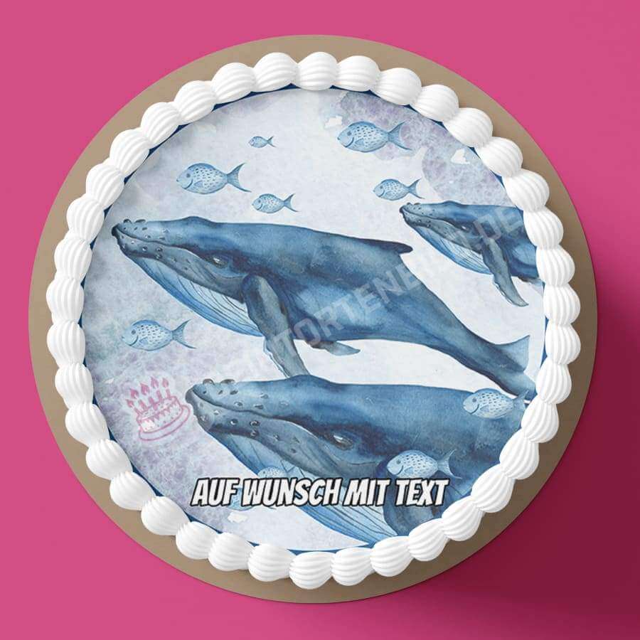 Motiv: Blauwale - Hochwertige und individuelle Tortenaufleger für jeden Anlass
Tortenaufleger Blauwale 20cm Kreis
Dieser Tortenaufleger mit drei Blauwalen und kleinen blauen Fischen - Tortenbild - DeintortenbildMotiv