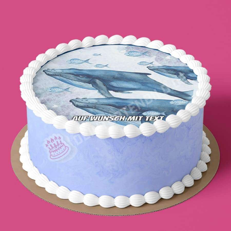 Motiv: Blauwale - Hochwertige und individuelle Tortenaufleger für jeden Anlass
Tortenaufleger Blauwale 20cm Kreis
Dieser Tortenaufleger mit drei Blauwalen und kleinen blauen Fischen - Tortenbild - DeintortenbildMotiv