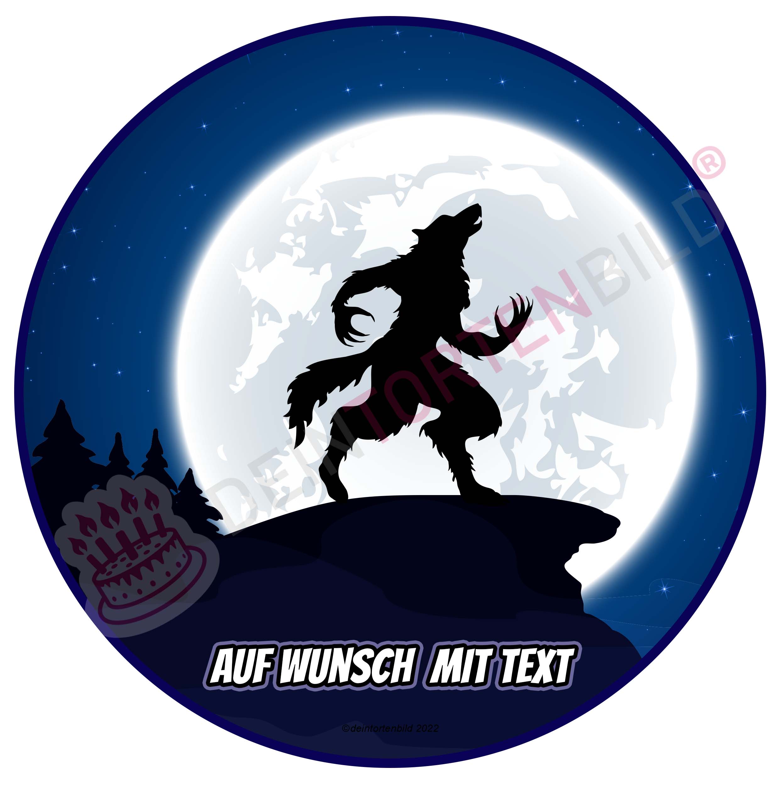 Halloween - Werwolf - Hochwertige und individuelle Tortenaufleger für jeden Anlass
Tortenaufleger Werwolf- 20cm Kreis
Unser Tortenaufleger mit einem Werwolf vor dem Vollmond ist ein id - Halloween - DeintortenbildHalloween - Werwolf