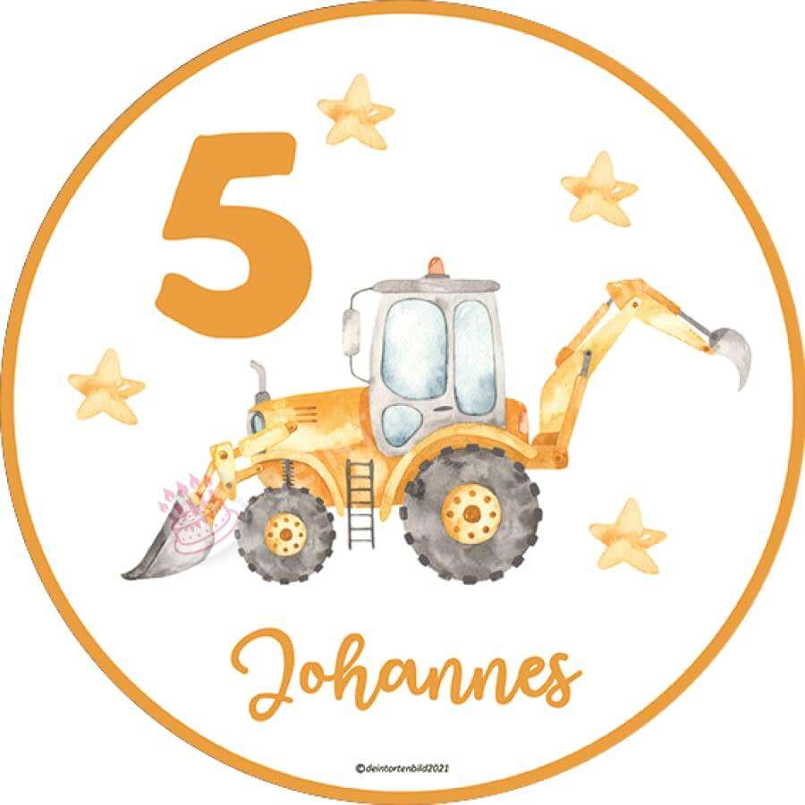 Motiv: Bagger - Name und Zahl anpassbar - Hochwertige und individuelle Tortenaufleger für jeden Anlass
Tortenaufleger Bagger in 20cm Kreis
Dieser Tortenaufleger mit einem orangenen Bagger in der Mitte und e - Tortenbild - Deintortenbildund Zahl anpassbar