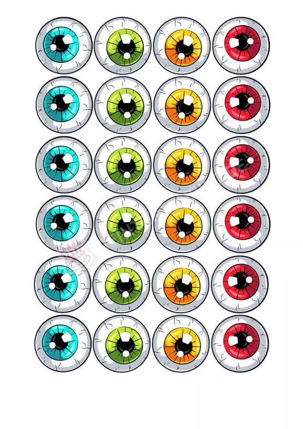 Muffinaufleger Motiv: Halloween Bunte Augen - Deintortenbild.de Tortenaufleger aus Esspapier: Oblatenpapier / 15 Stück  x 5cm, Oblatenpapier / 24 Stück x 4cm, Zuckerpapier / 15 Stück  x 5cm, Zuckerpapier / 24 Stück x 4cm, Fondantpapier / 15 Stück  x 5cm, Fondantpapier / 24 Stück x 4cm