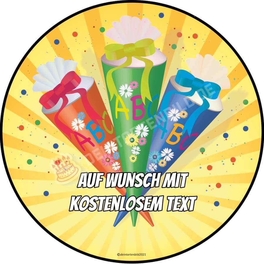 Motiv: Einschulung - Schultüten - Deintortenbild.de Tortenaufleger aus Esspapier: Oblatenpapier / Yellow, Oblatenpapier / Blue, Zuckerpapier / Yellow, Zuckerpapier / Blue, Fondantpapier / Yellow, Fondantpapier / Blue