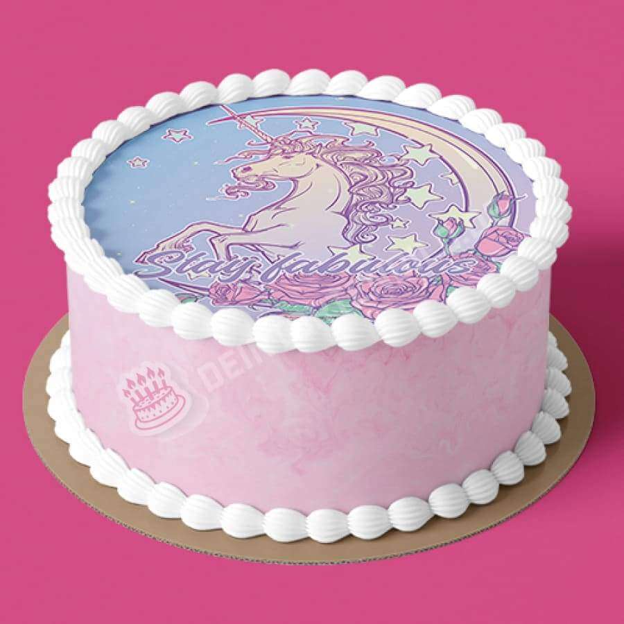 Motiv: Pastell Einhorn mit Mond und Rosen - Deintortenbild.de Tortenaufleger aus Esspapier: Oblatenpapier / Stay fabulous, Oblatenpapier / Happy Birthday, Oblatenpapier / Queen, Oblatenpapier / Ohne Text, Zuckerpapier / Stay fabulous, Zuckerpapier / Happy Birthday, Zuckerpapier / Queen, Zuckerpapier / Ohne Text, Fondantpapier / Stay fabulous, Fondantpapier / Happy Birthday