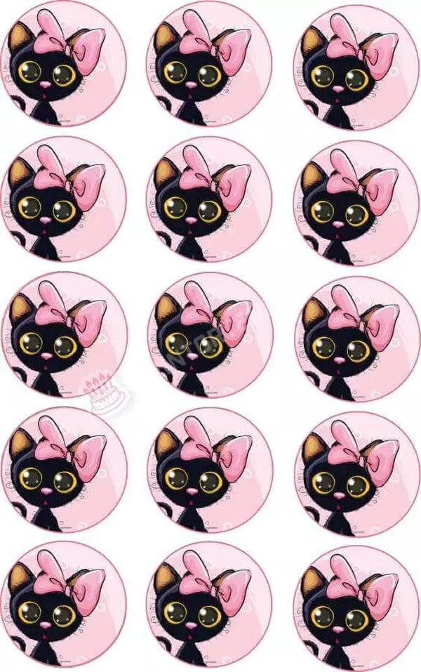 Muffinaufleger Motiv: Schwarze Katze mit rosa Schleifchen - Deintortenbild.de Tortenaufleger aus Esspapier: Oblatenpapier / 15x5cm, Oblatenpapier / 24x4cm, Zuckerpapier / 15x5cm, Zuckerpapier / 24x4cm, Fondantpapier / 15x5cm, Fondantpapier / 24x4cm