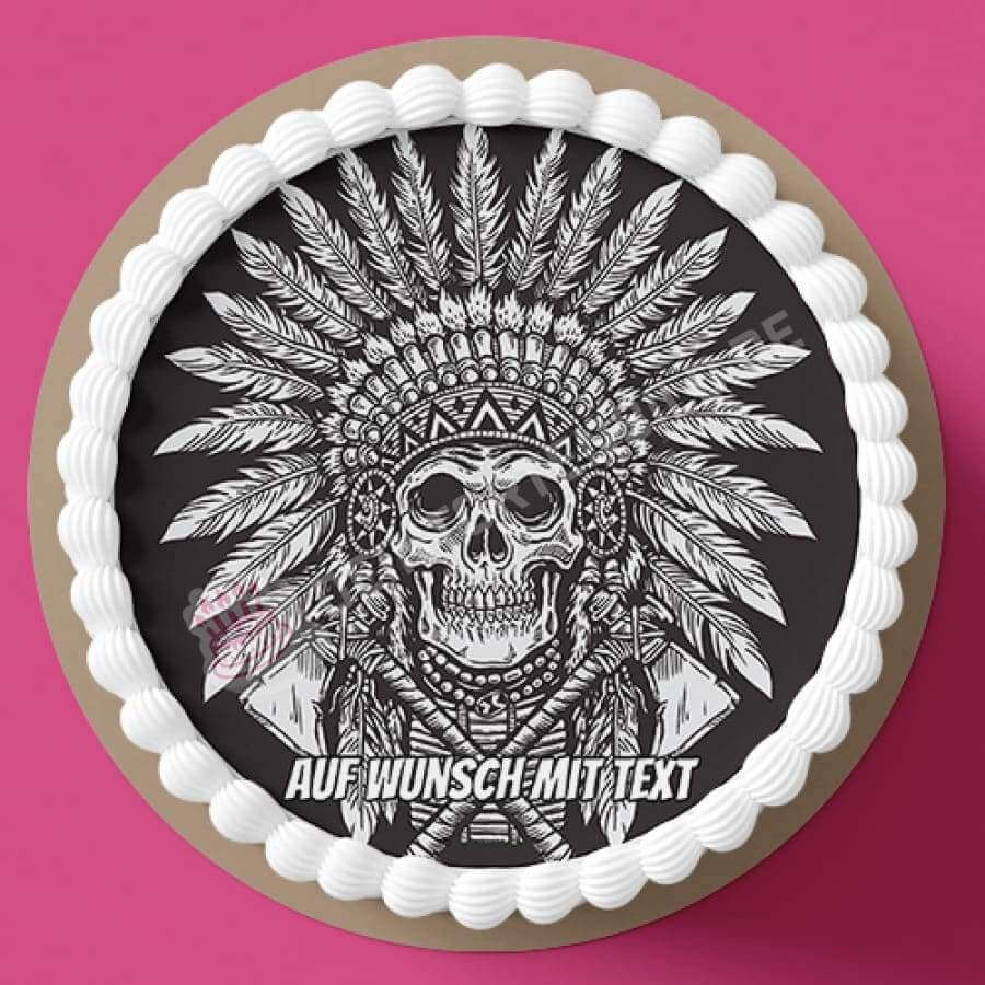 Motiv: Indianer Schädel schwarz-weiß - Deintortenbild.de Tortenaufleger aus Esspapier: Oblatenpapier, Zuckerpapier, Fondantpapier