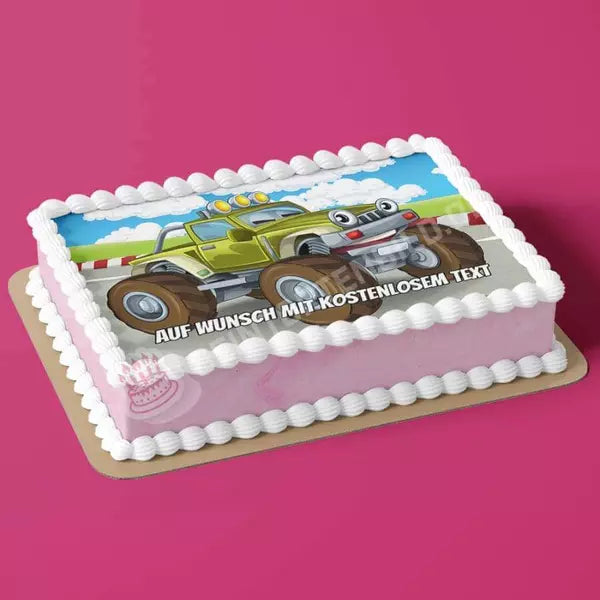 Rechteck Motiv: Grüner Cartoon Monstertruck - Deintortenbild.de Tortenaufleger aus Esspapier: Oblatenpapier, Zuckerpapier, Fondantpapier