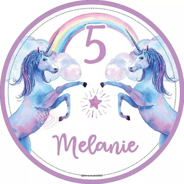 Motiv: Zwei Lila Einhörner - Name und Zahl anpassbar - Deintortenbild.de Tortenaufleger aus Esspapier: Oblatenpapier, Zuckerpapier, Fondantpapier