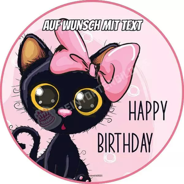Motiv: Schwarze Katze mit rosa Schleifchen - Deintortenbild.de Tortenaufleger aus Esspapier: Oblatenpapier / Mit "Happy Birthday" Schriftzug, Oblatenpapier / Ohne "Happy Birthday Schriftzug, Zuckerpapier / Mit "Happy Birthday" Schriftzug, Zuckerpapier / Ohne "Happy Birthday Schriftzug, Fondantpapier / Mit "Happy Birthday" Schriftzug, Fondantpapier / Ohne "Happy Birthday Schriftzug