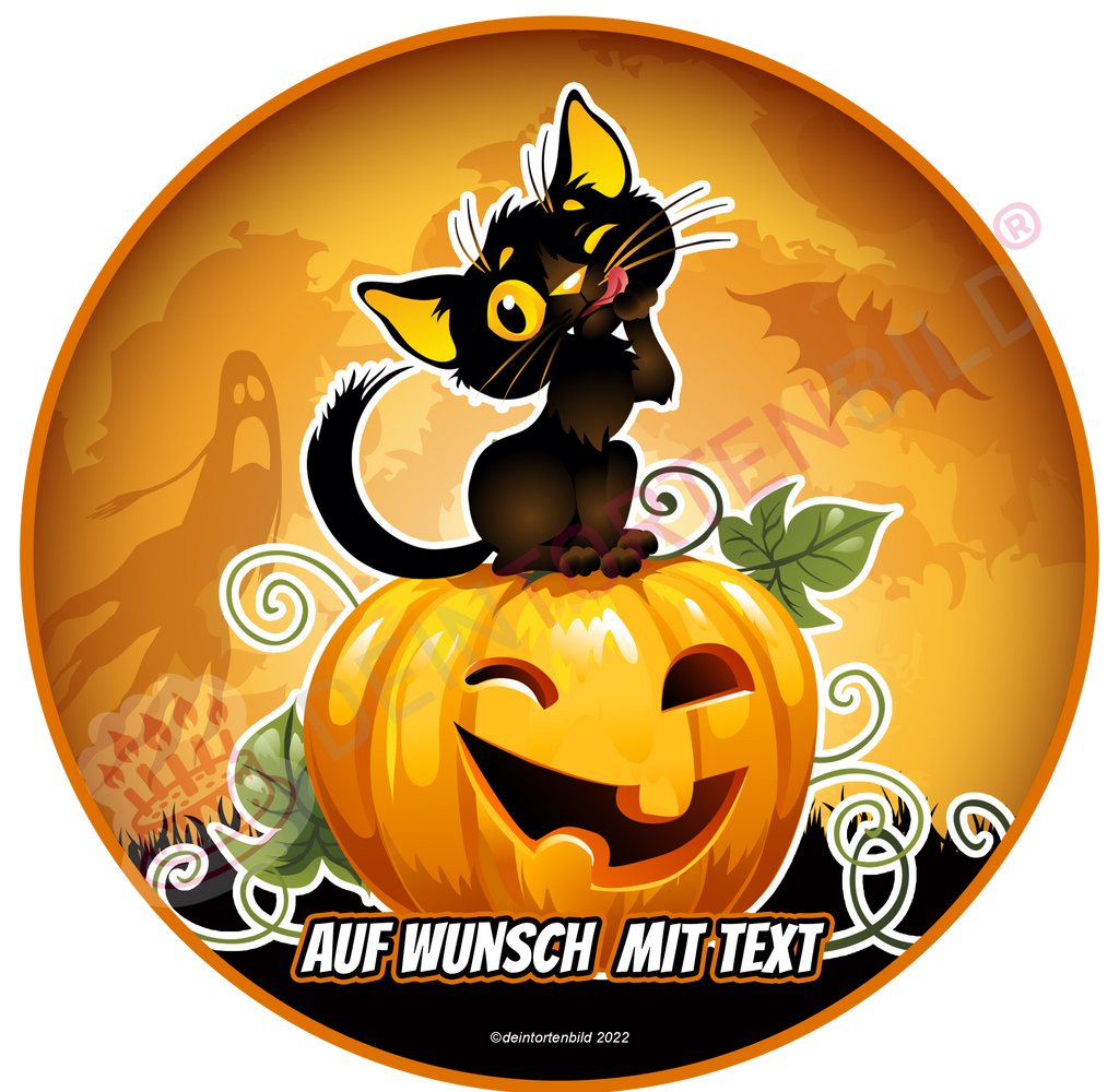 Happy Halloween Kürbis mit Katze von Deintortenbild – Tortenaufleger, Tortenfoto, Tortenbild, personalisiert & individuell bei Deintortenbild.de
