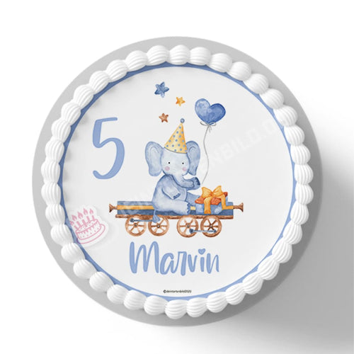 Motiv: Geburtstags Elefant - Name und Zahl anpassbar - Deintortenbild.de Tortenaufleger aus Esspapier: Oblatenpapier, Zuckerpapier, Fondantpapier